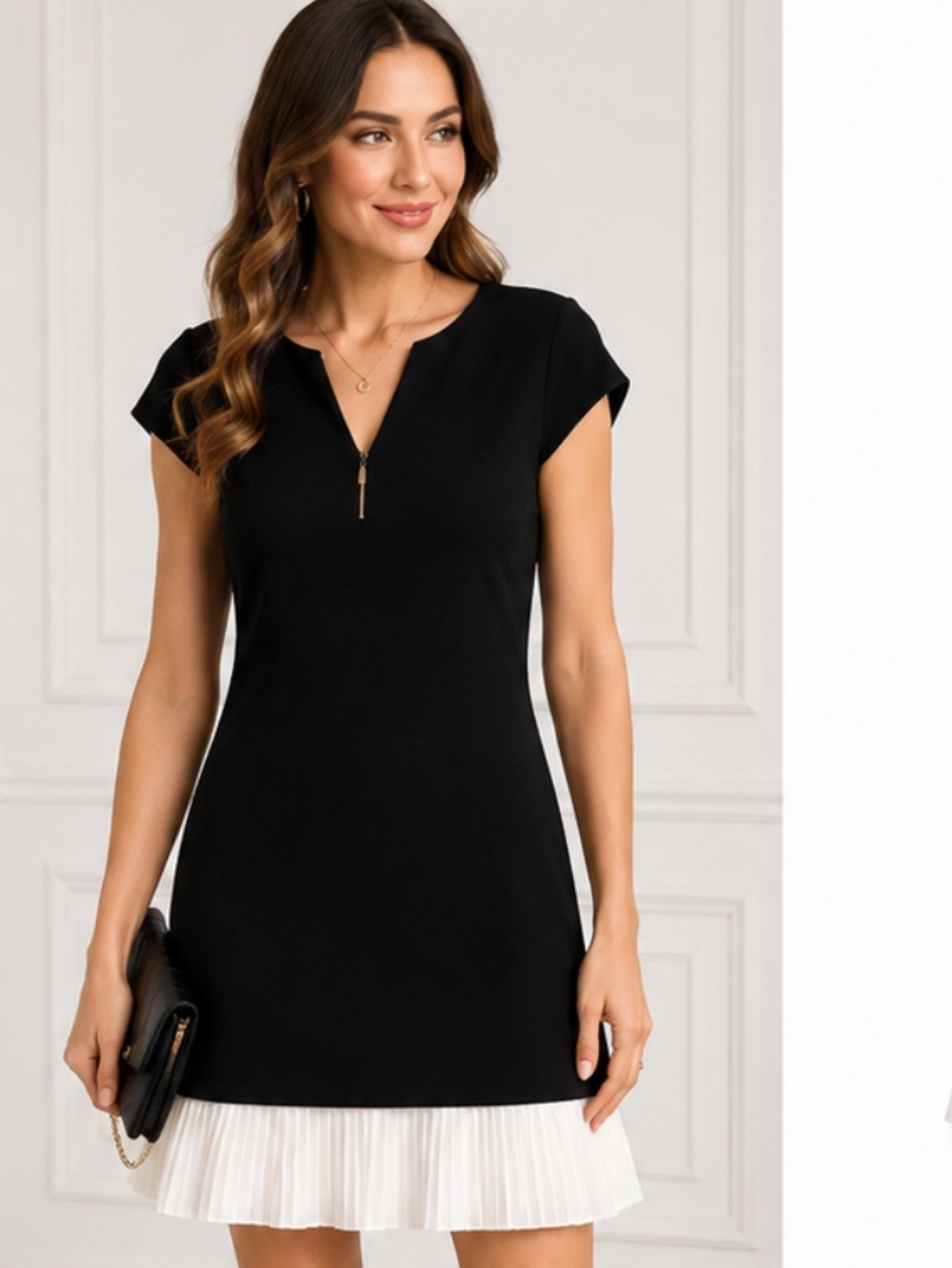 Sharagano black white mini dress pleaded hem size 8p